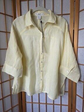 NWT WILT 100% YELLOW LINEN BUTTONS DOWN 3/4 SLEEVES RELAXED STYLE BLOUSE SIZE S